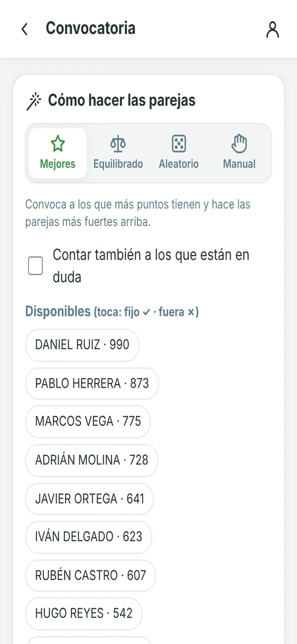 Generador de parejas con los jugadores disponibles